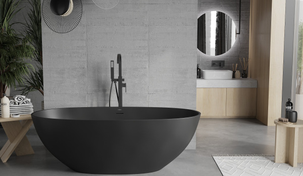 Gray bathroom with black accessories