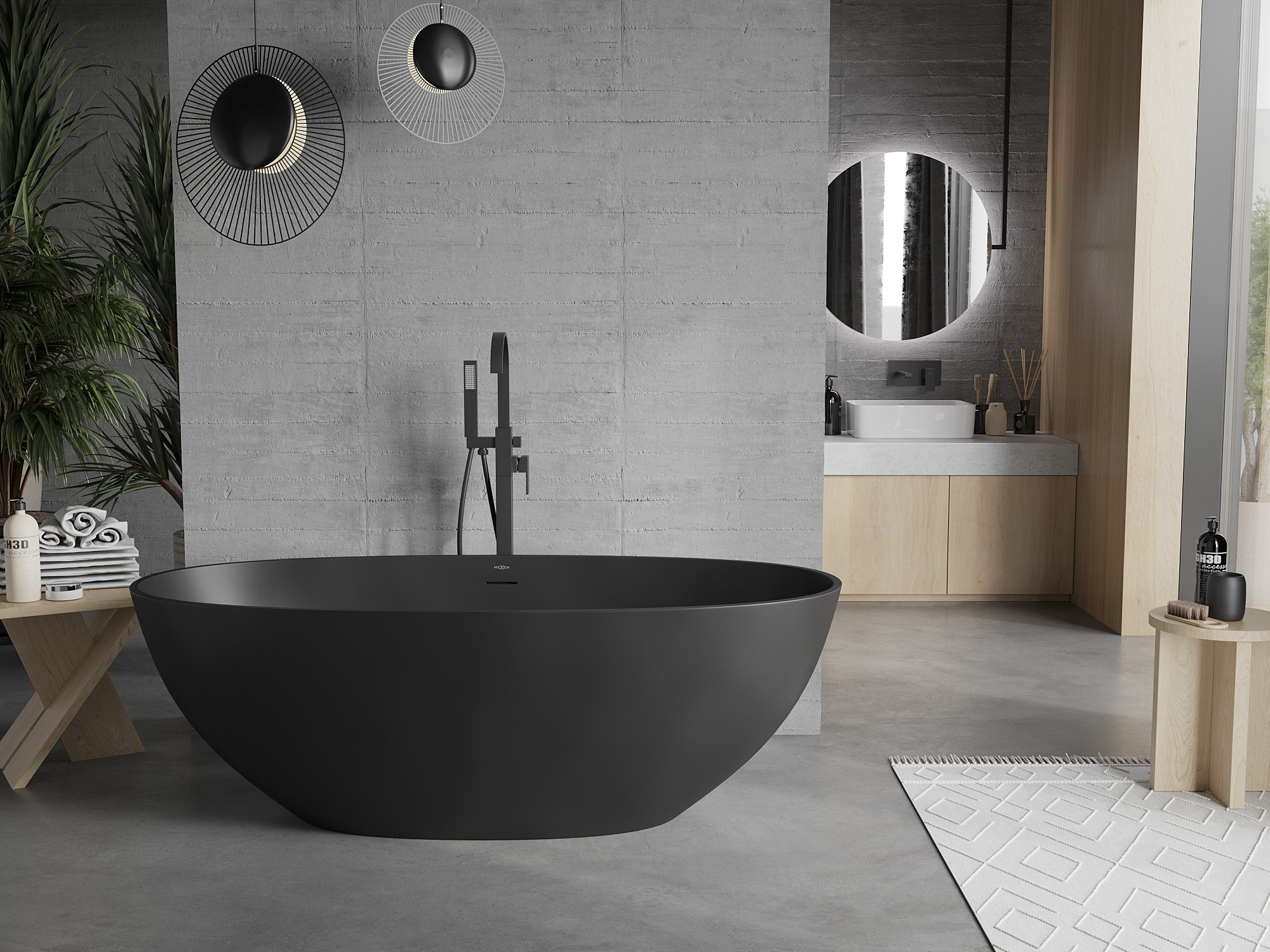 Gray bathroom with black accessories