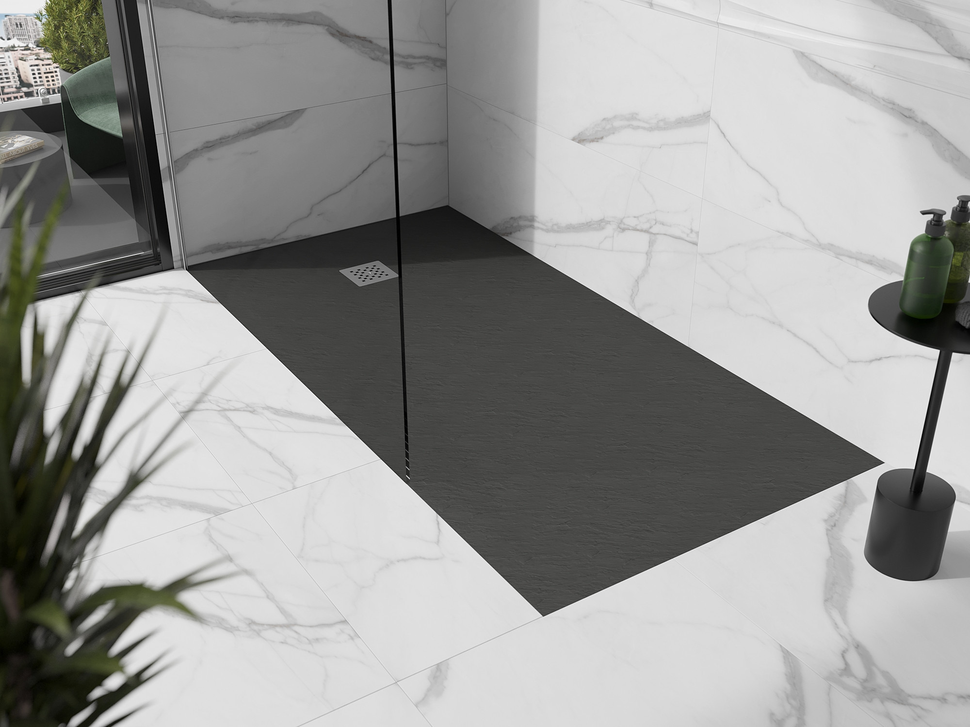 Marble bathroom with a shower tray