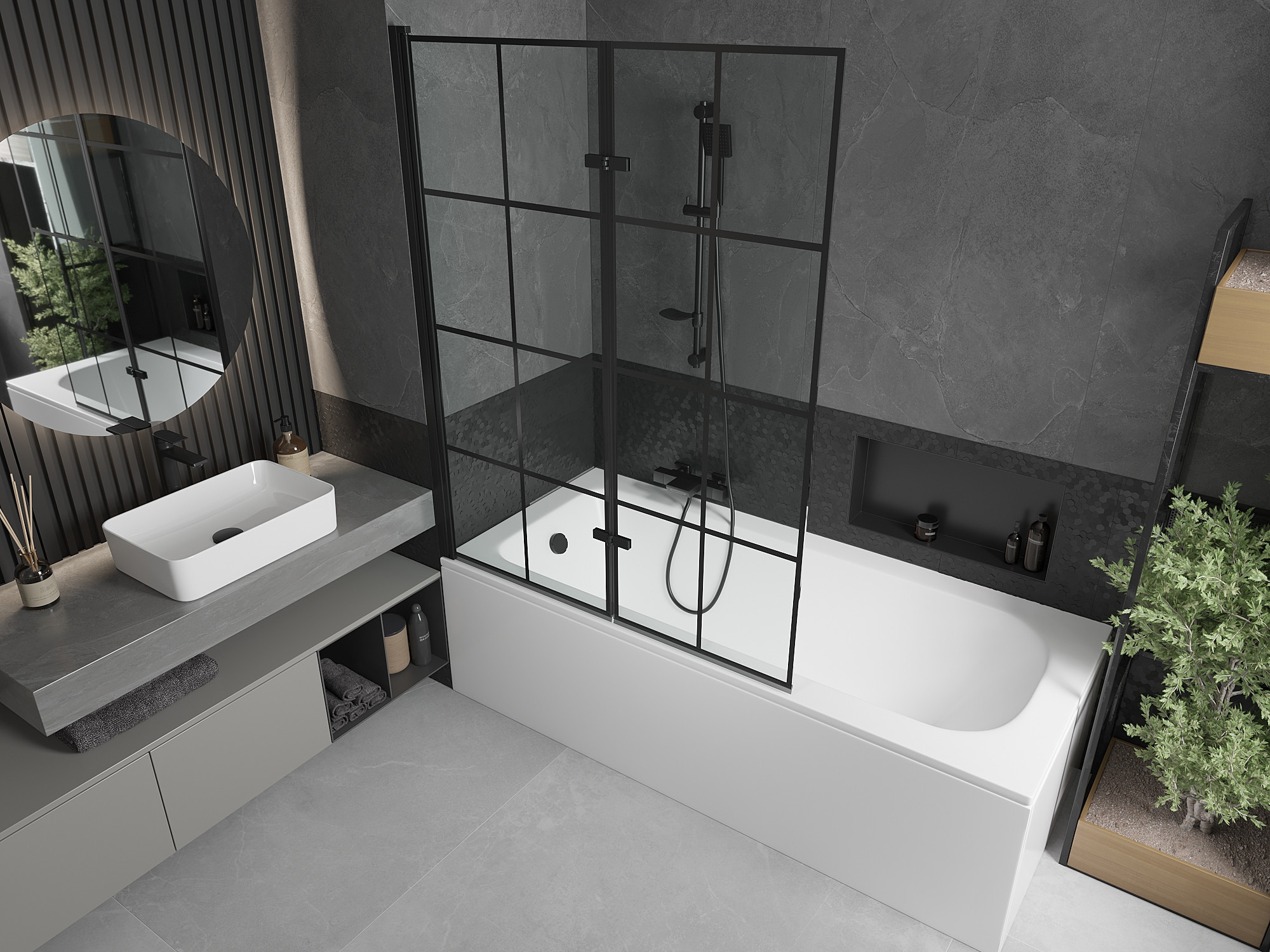 Bathtub with a screen in an industrial style