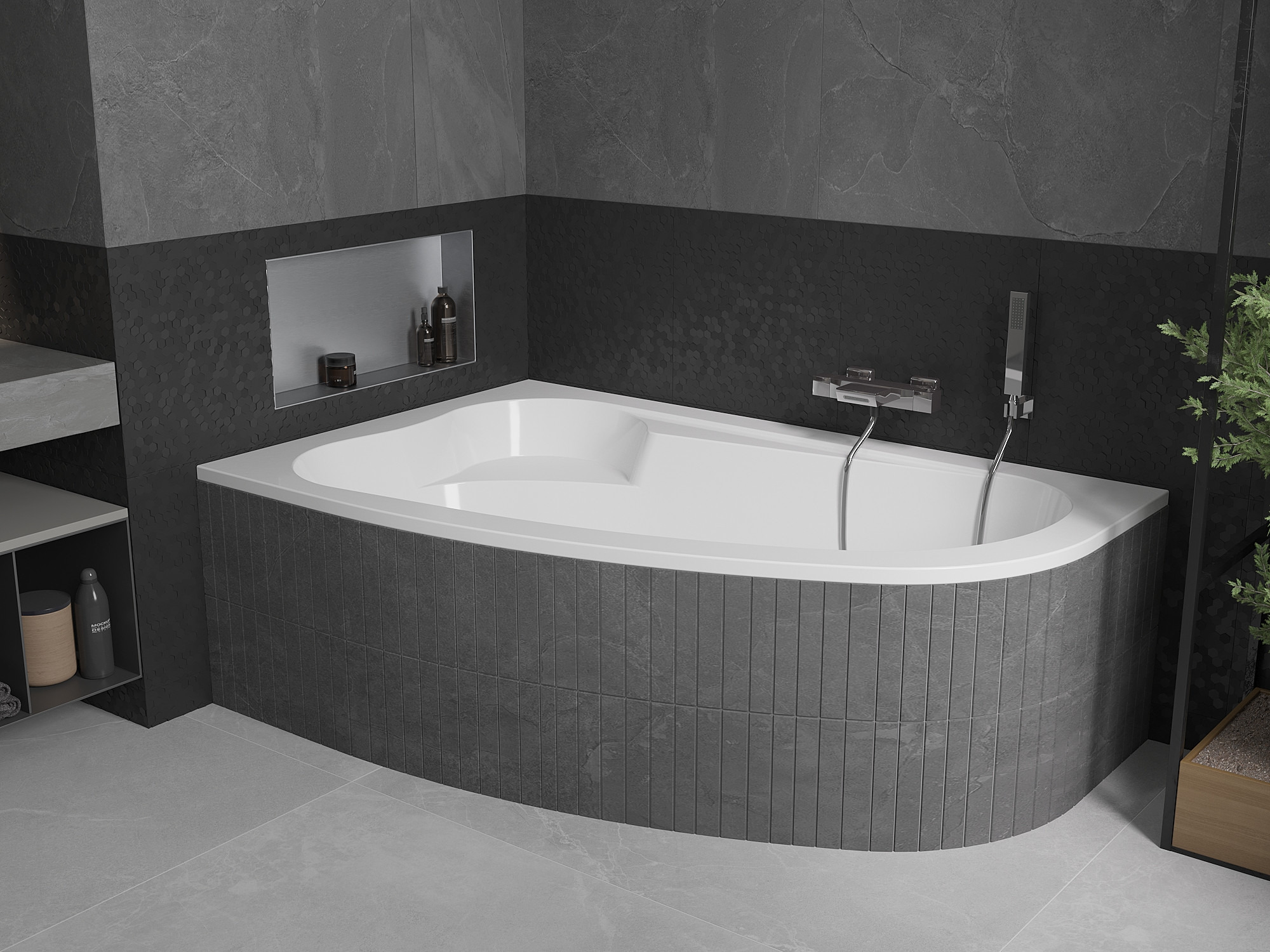 Gray bathroom with corner bathtub