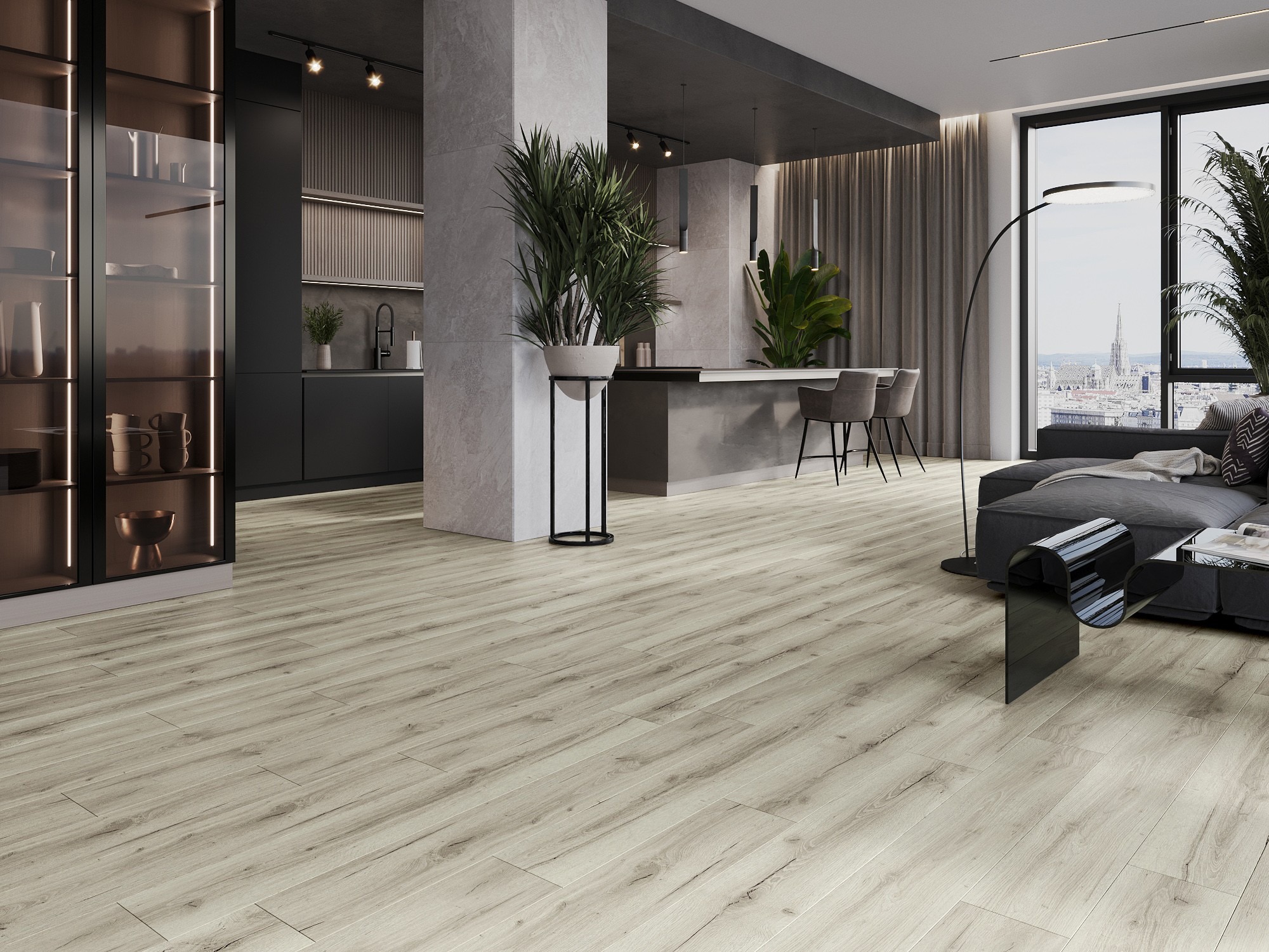 Luxury vinyl panels in the kitchen and living room