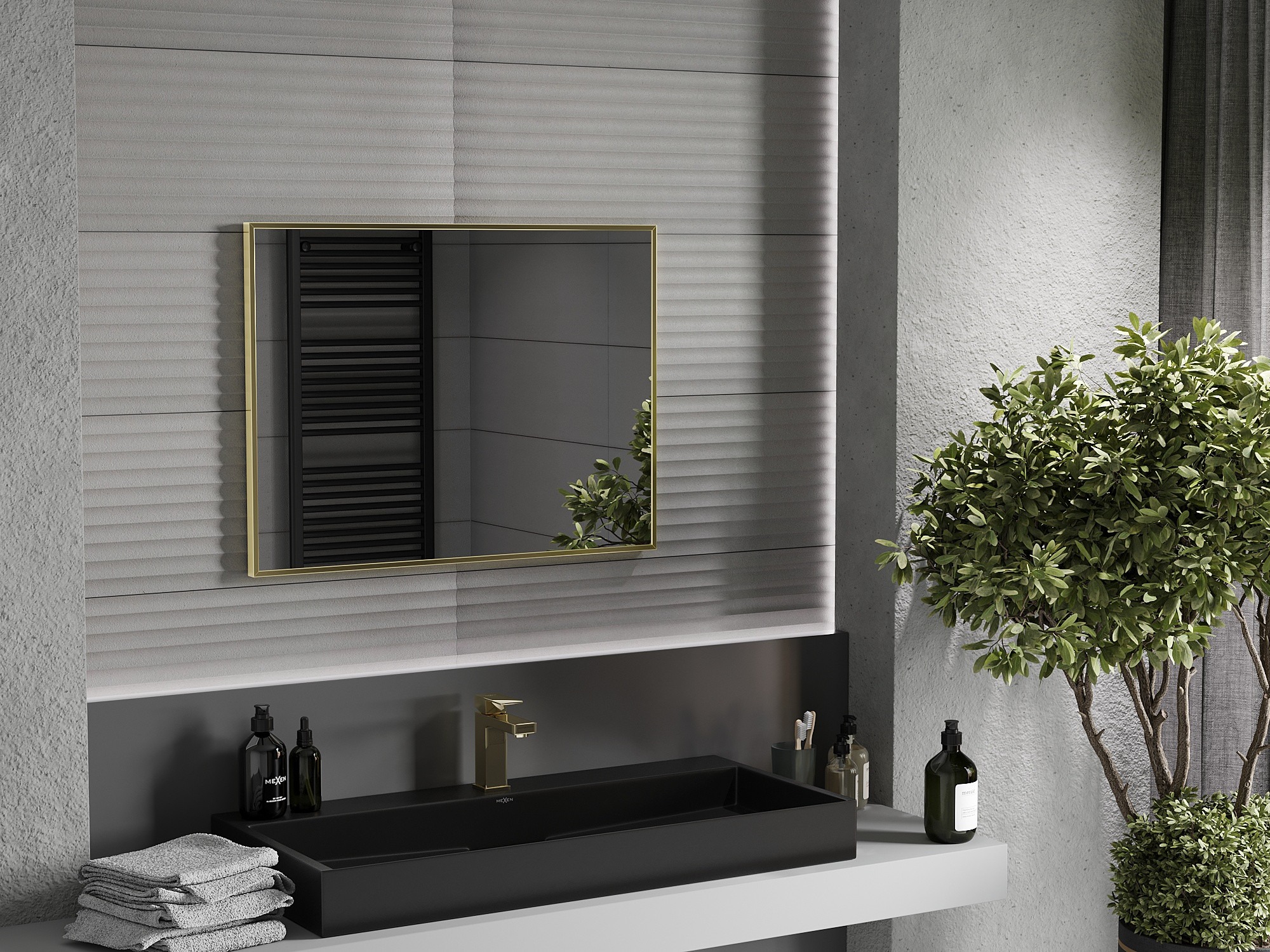 Gold details in a dark bathroom