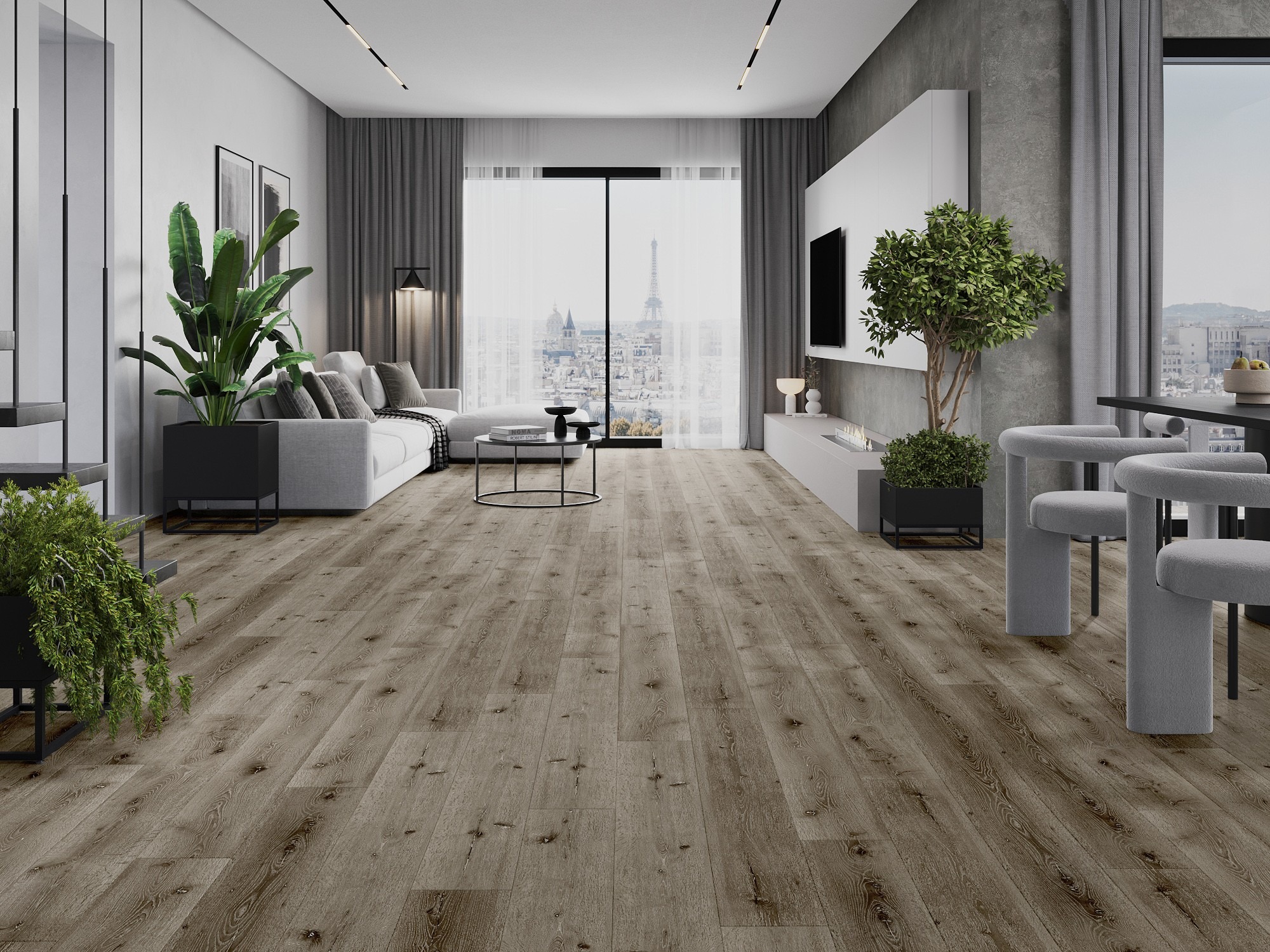 Modern living room with wood-like flooring